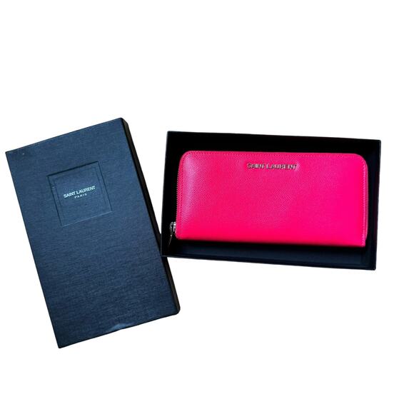 Saint Laurent GRAIN DE POUDRE Long Zip Wallet Fluorescent Pink - Picture 1 of 8